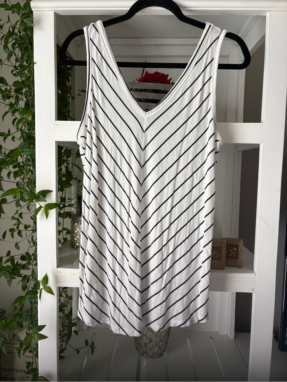 Women’s White & Black Striped V-Neck Tank Top - Picture 7 of 8